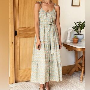 Emerson Fry Harper Floral Maxi Dress Tie Waist Bow Straps Button Front Size M L